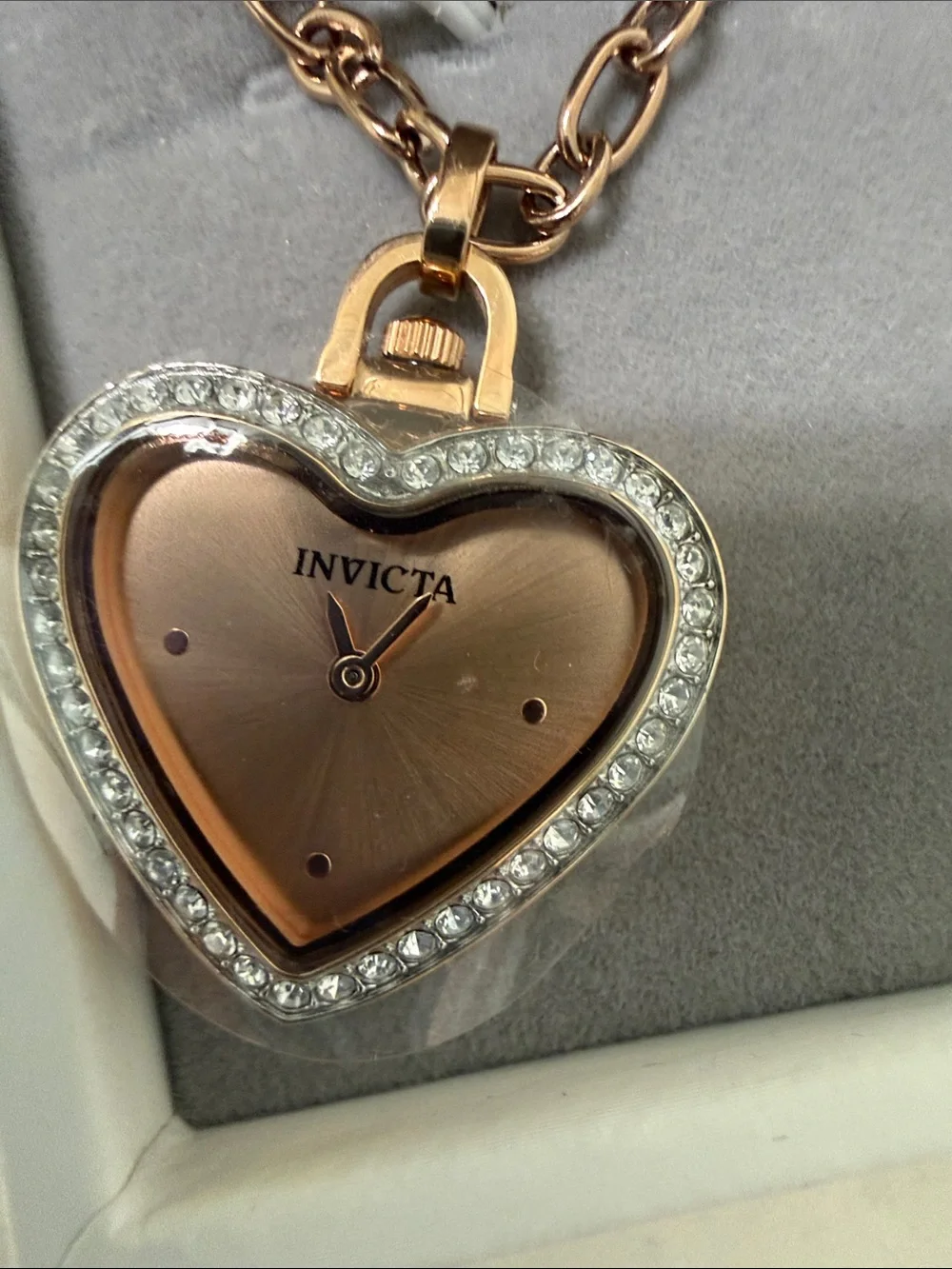 Invicta Rose Gold Heart Watch Pendant Necklace with Crystal Halo